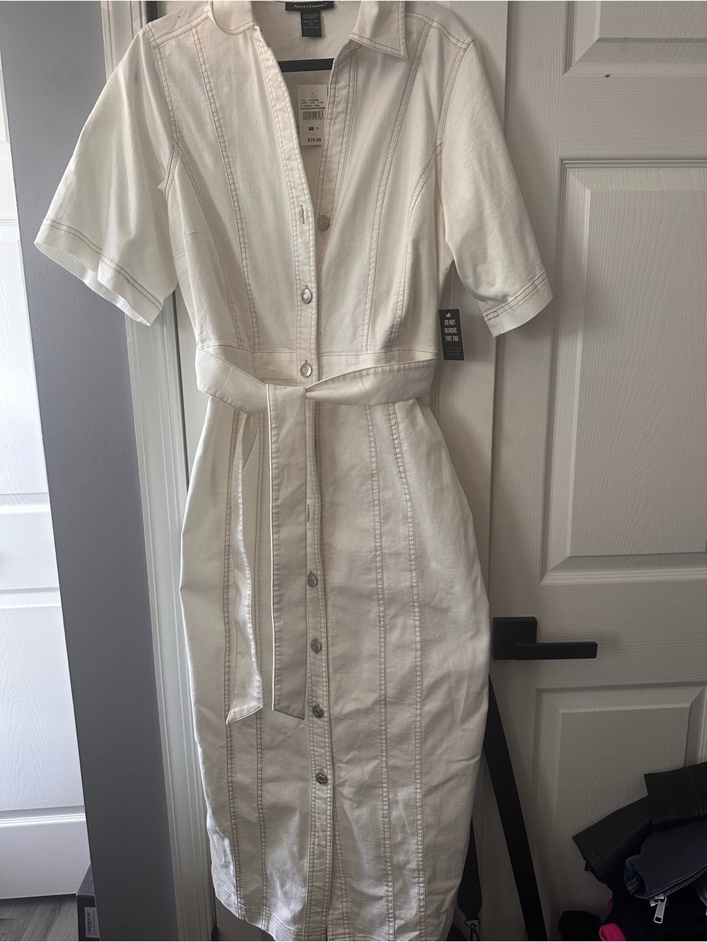 Ashley Stewart White Jean Dress with Tie Belt